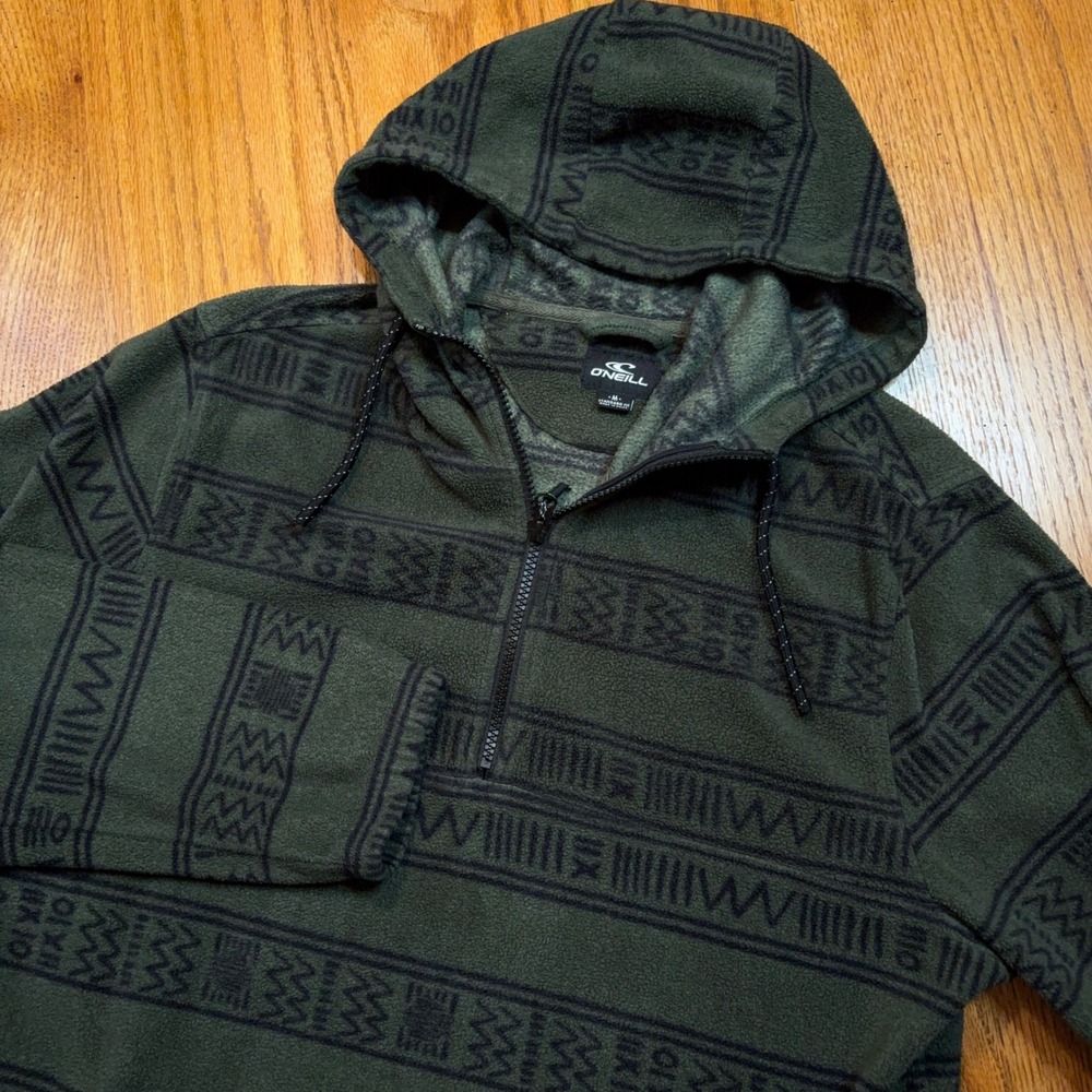 O'Neill Quarter Zip Hoodie Mens Medium Green Tribal Geometric Fleece Pullover